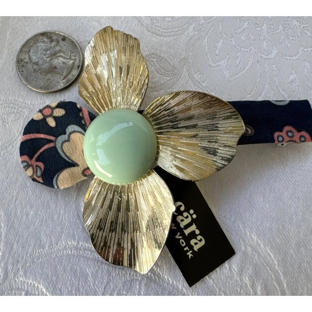 Cara NY Hair Barrette Pin Floral Gold Blue Enamel Cloth Steampunk NEW